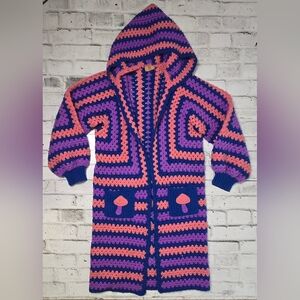 Handmade Crochet Hooded Cardigan Mushroom Pockets Boho Longline